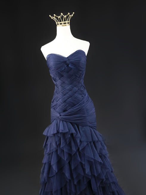 Navy Blue Tulle Mermaid Wedding Gown - Strapless Sheath Wedding Dress - Layered Tulle Ruffle Dress Plus Size
